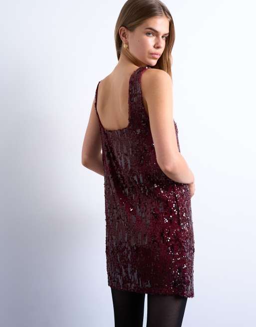 Topshop sequin scoop neck mini dress in burgundy