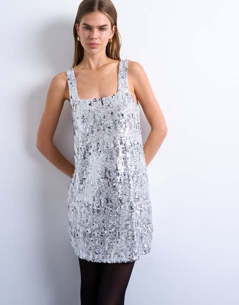 Topshop sequin scoop neck mini dress in silver - view 1