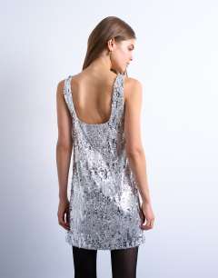 Model wearing Sequin scoop neck mini dress in silver