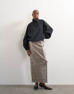 Model wearing Sequin sheer maxi skirt in chocolate