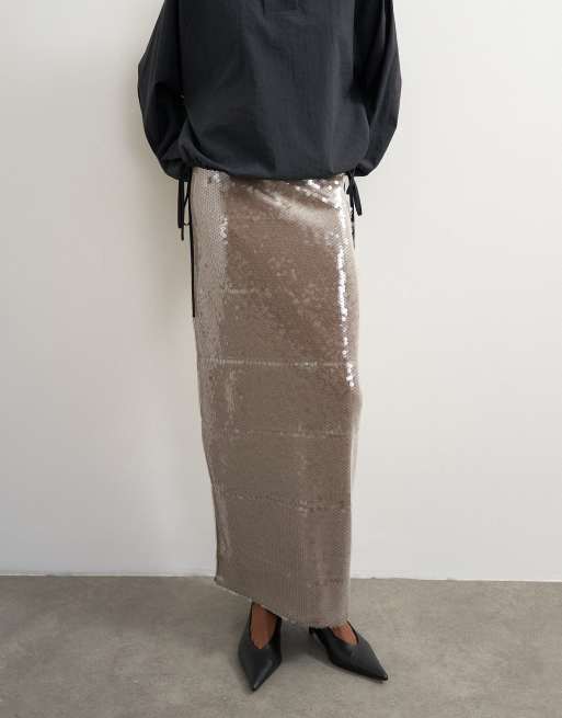 Topshop sequin sheer maxi skirt in chocolate, 2 of 5