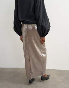 Model wearing Sequin sheer maxi skirt in chocolate