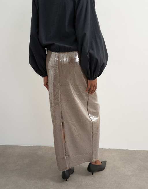 Topshop sequin sheer maxi skirt in chocolate, 3 of 5