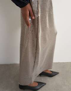 Model wearing Sequin sheer maxi skirt in chocolate