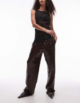 sequin tailored pant in brown