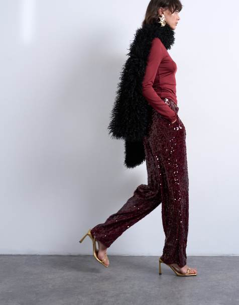 Topshop sequin tailored pants in burgundy - view 1