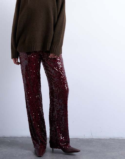 Topshop sequin tailored pants in burgundy