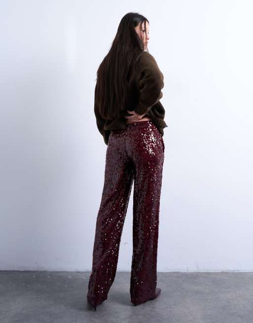 Topshop sequin tailored pants in burgundy