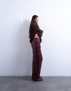 Sequin tailored trouser in burgundy
