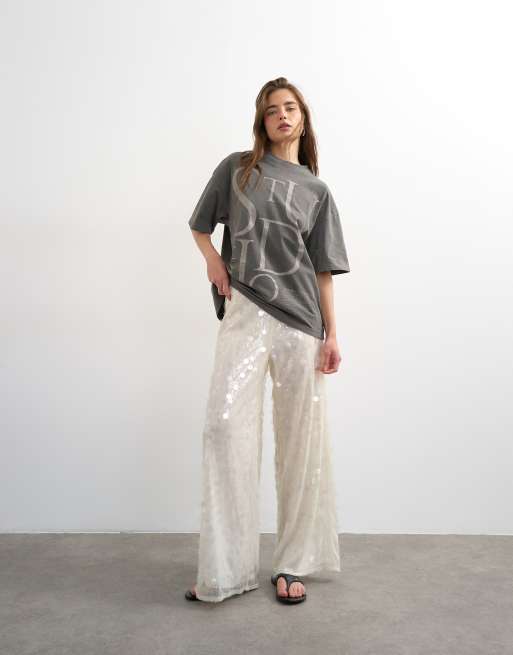 Topshop sequin tailored trouser in white, 3 of 5