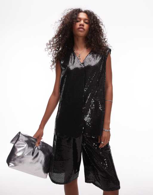 Topshop sequin waistcoat in black (part of a set)