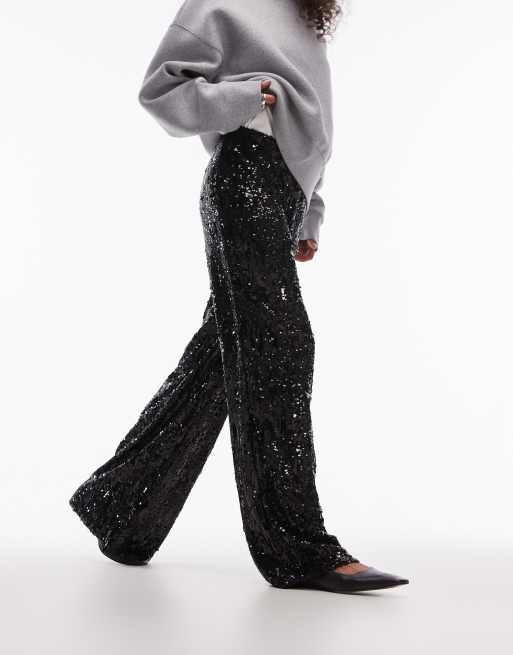 Topshop sequin wide leg pants in black