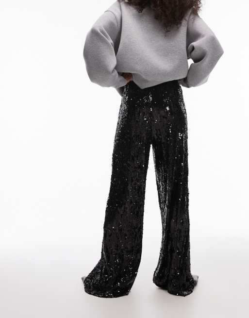 Topshop sequin wide leg pants in black