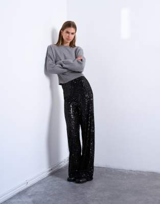 Topshop Sequin Wide Leg Pants In Black