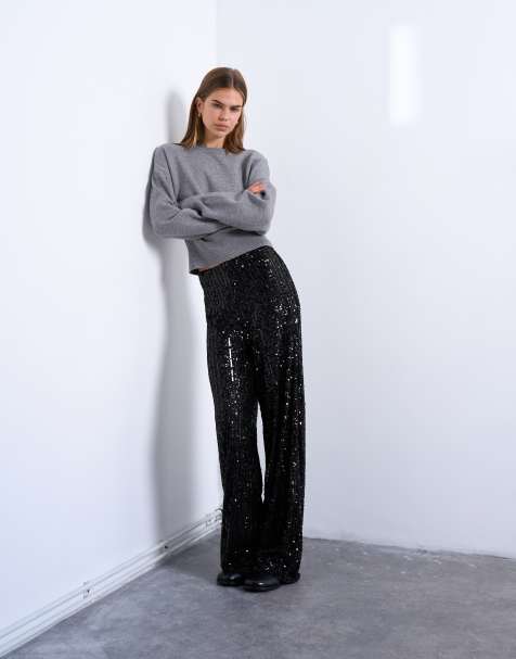 Topshop sequin wide leg pants in black - view 1