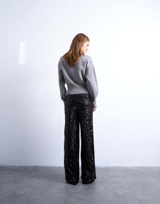 Topshop Sequin Wide Leg Pants In Black