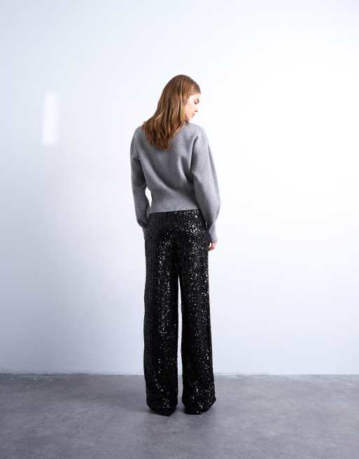 Topshop sequin wide leg pants in black