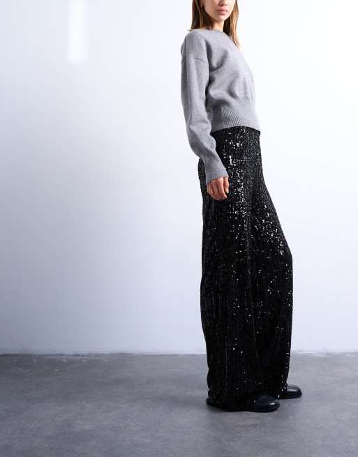 Topshop sequin wide leg pants in black
