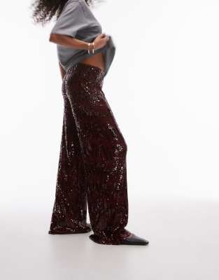 sequin wide leg pants in burgundy-Silver