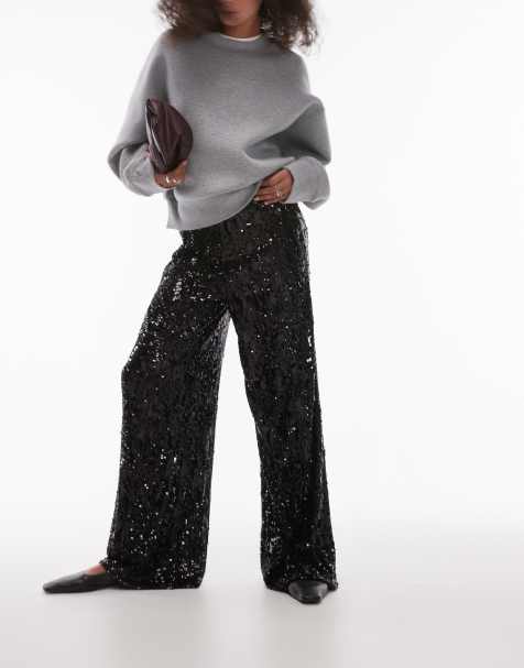 Topshop sequin wide leg trouser in black - view 1