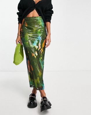 Topshop sequin with printed mesh layer midi skirt in multi