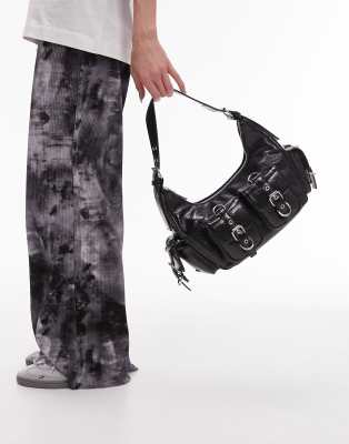 Topshop Serena Multi Pocket Shoulder Bag In Black
