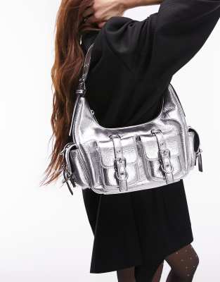 Topshop Serena multi pocket shoulder bag in silver