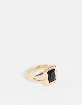 Topshop Set Black Stone Ring In Gold In Gold