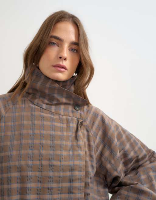 Topshop set check funnel neck bomber in brown, 3 of 4