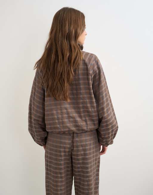 Topshop set check funnel neck bomber in brown, 4 of 4