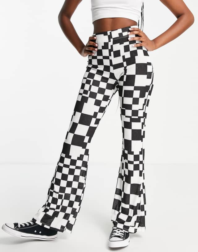 Topshop set checkerboard flared pants in monochrome