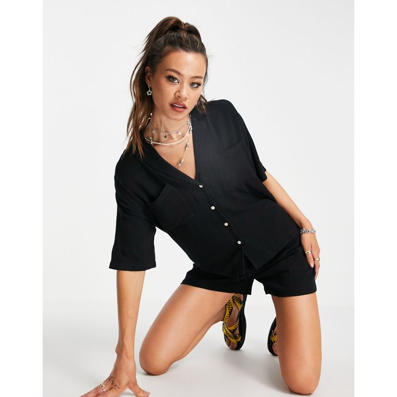  Donna Topshop - Set con camicia stile resort e pantaloncini, colore nero
