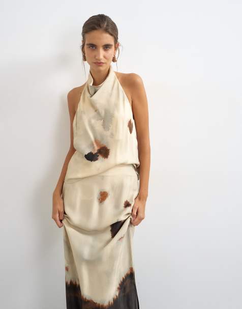 Topshop set i satin med draperad halterneck och abstrakt tryck - view 1