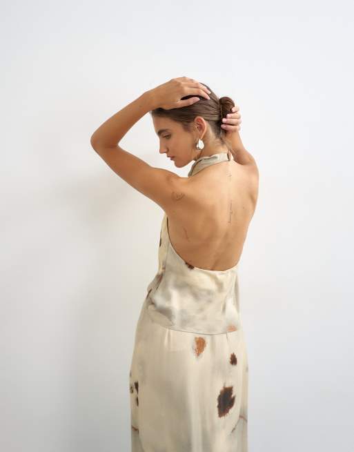 Topshop set i satin med draperad halterneck och abstrakt tryck, 2 av 4