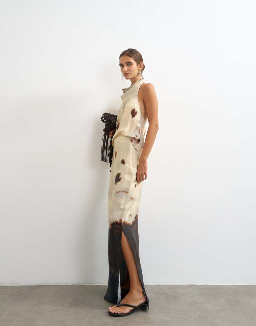Topshop set i satin med draperad halterneck och abstrakt tryck, 4 av 4