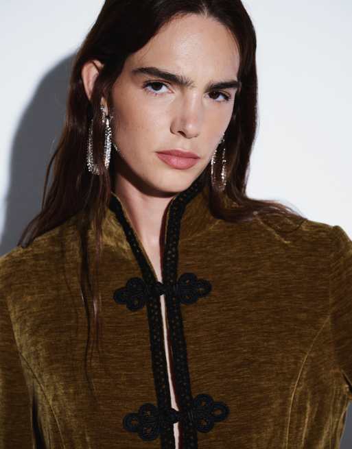 Topshop set med jacka i sammet med knutdetalj och svart krage i grönt, 3 av 5