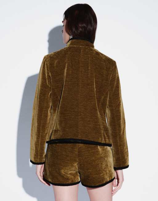 Topshop set med jacka i sammet med knutdetalj och svart krage i grönt, 4 av 5