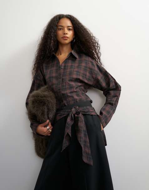 Topshop set med markerad midja och rutig skjorta i brun - view 1