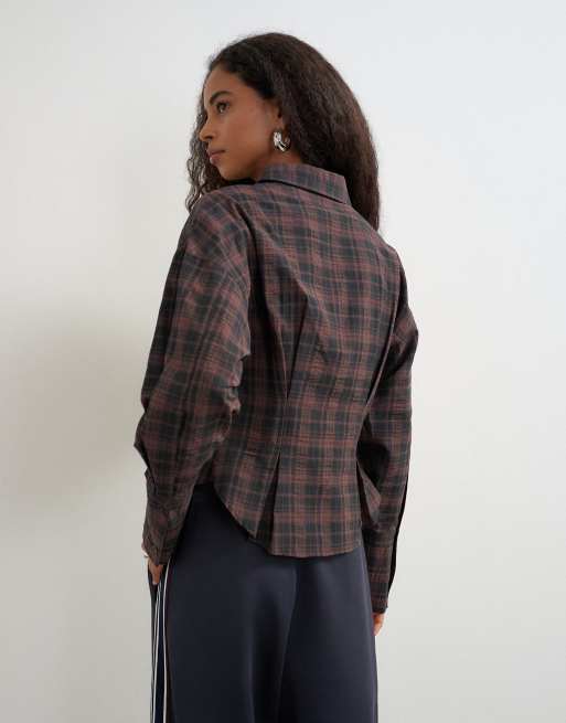 Topshop set med markerad midja och rutig skjorta i brun, 4 av 4