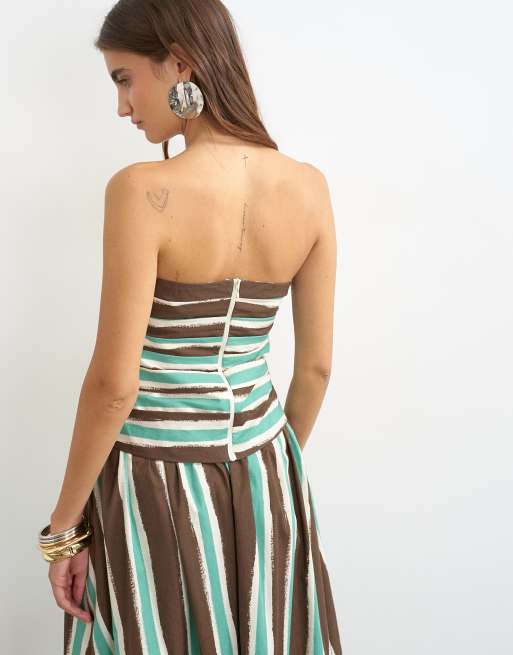 Topshop set med rynkad bandeautopp i brunrandigt, 3 av 4