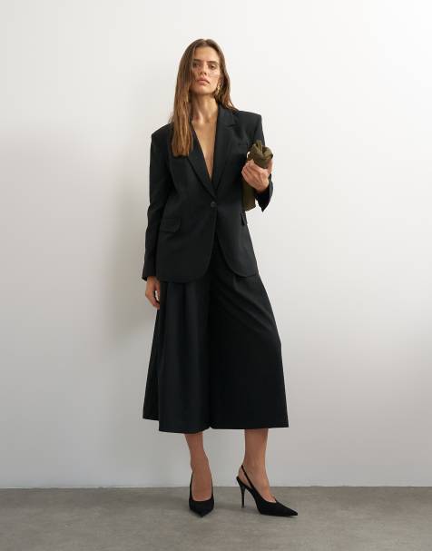 Topshop - Set met single breasted boyfriend blazer en broek met wijde pijpen in zwart - view 1