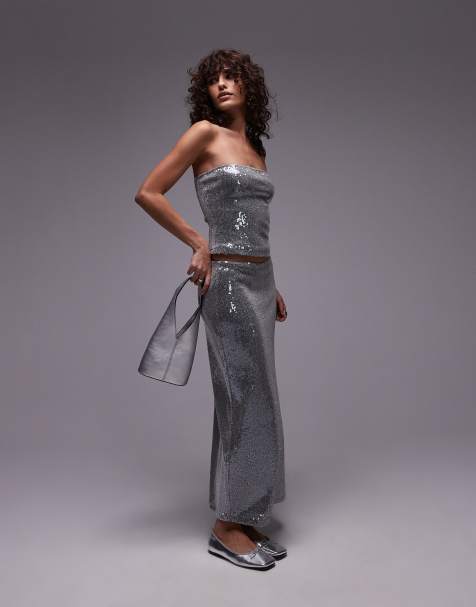 Topshop – Set mit Paillettenbesatz in Stahlgrau, aus trägerlosem Oberteil und Rock - view 1