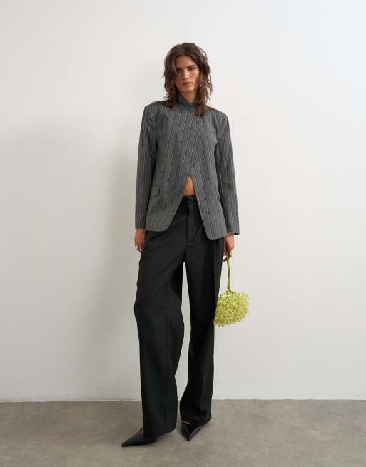 Topshop set pinstripe high break blazer in gray, 2 of 4