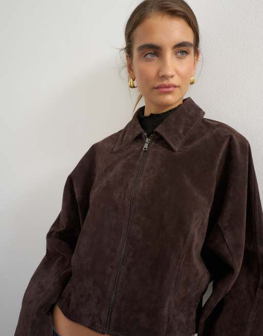 Topshop set premium jacka i äkta mocka i brunt, 2 av 4