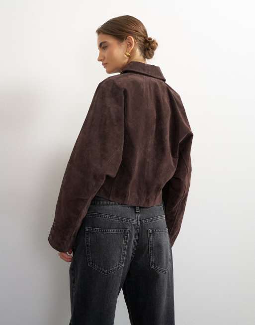 Topshop set premium jacka i äkta mocka i brunt, 3 av 4