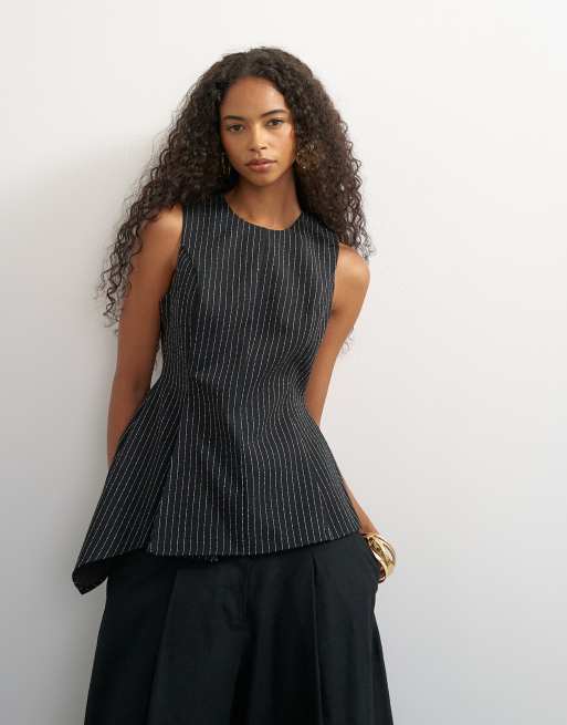 Topshop set randig topp med asymmetrisk fåll i svart, 2 av 4