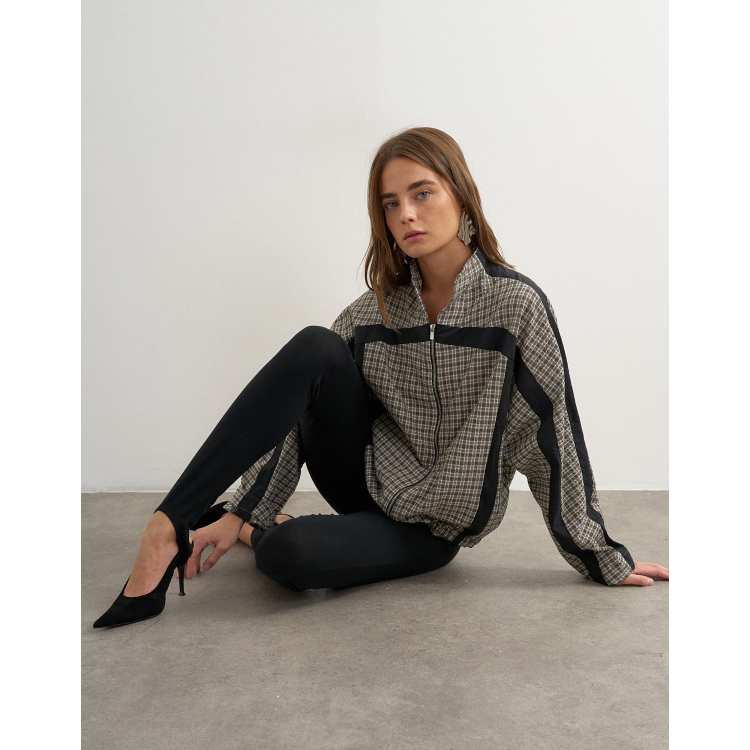 Topshop set techy long sleeved zip through top in green check | ASOS