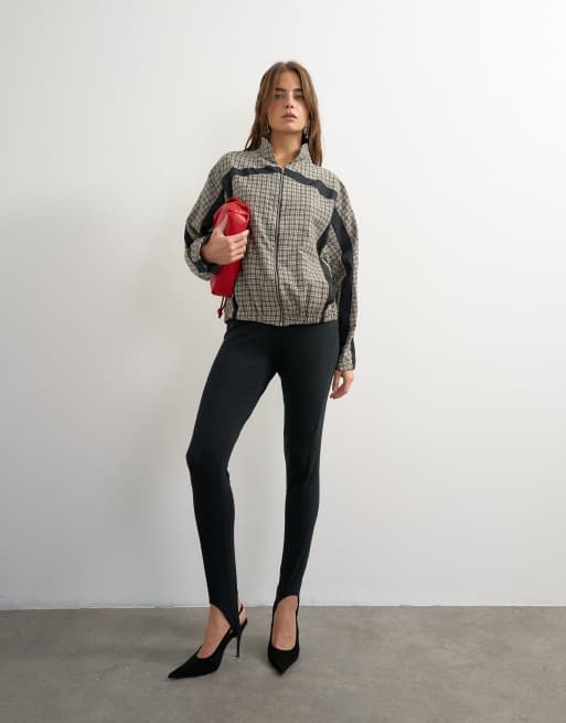 Topshop set techy long sleeved zip through top in green check, 2 of 4