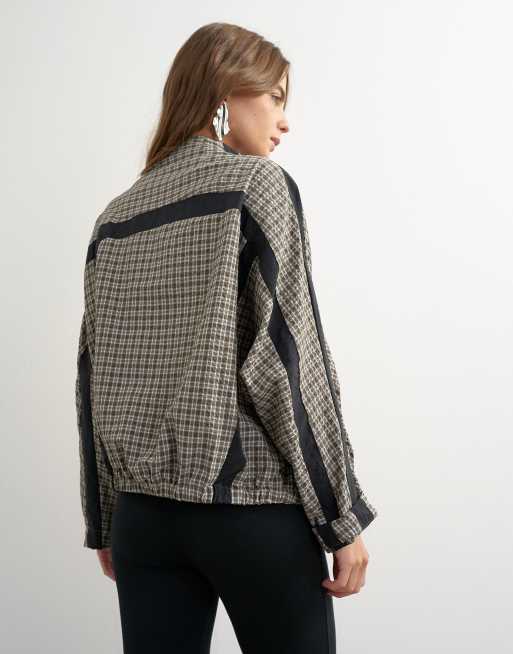 Topshop set techy long sleeved zip through top in green check, 4 of 4