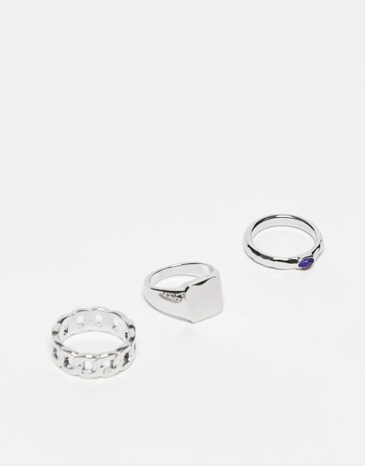 Topshop - Set van 3 brede ringen met mix van schakels en steentje in zilver